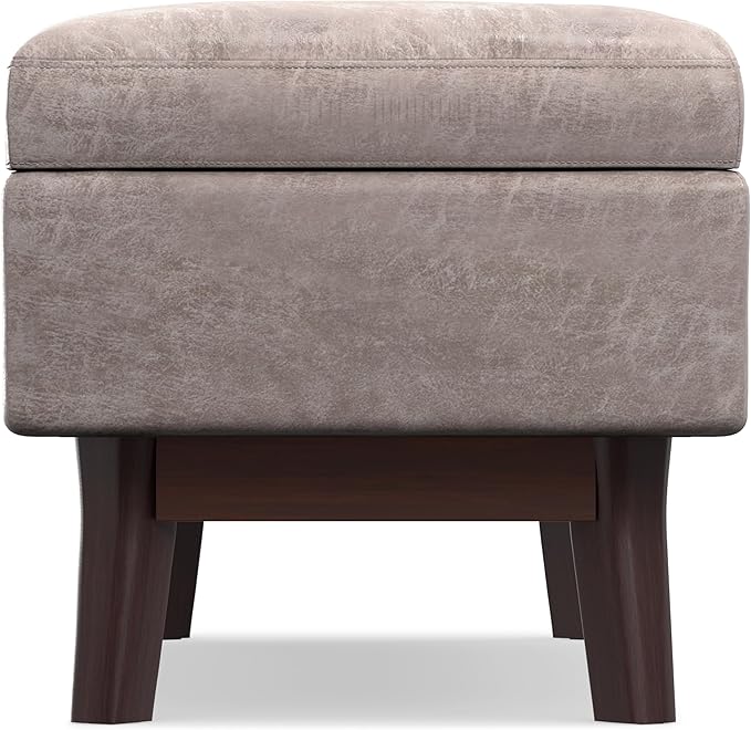 SIMPLIHOME Owen Rectangular Storage Ottoman - 48 inch Wide Upholstered Vegan Leather Lift-Top Ottoman in Distressed Grey Taupe, Mid-Century Modern Ottoman for Living Room with Tufted Detail