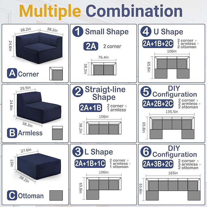 38“ Modular Sectional Sofa Convertible Cube Couch Seat Set, Combine L-Shaped U-Shaped, Free Assembly, Space-Saving for Living Room, Thick Foam Fabric Chenille Blue (Only Corner)