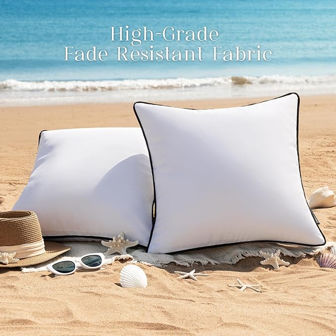 Phantoscope Pack of 2 Outdoor Waterproof Throw Pillow Covers with Contrast Piping, Decorative Square Cushion Case Patio Pillows for Couch Tent Sunbrella, Pure White 18x18 inches