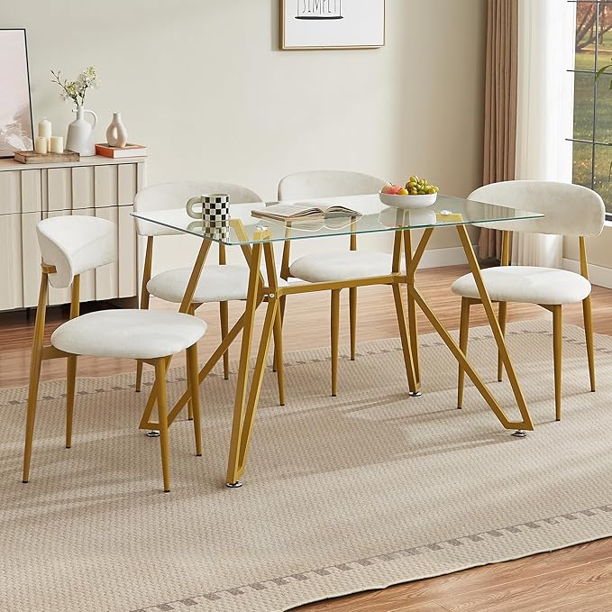 Velvet Dining Chairs Set of 4, Modern Kitchen Chairs with Curved backrests and Metal Legs, Upholstered Dining Chairs for Dining Room,White and Gold
