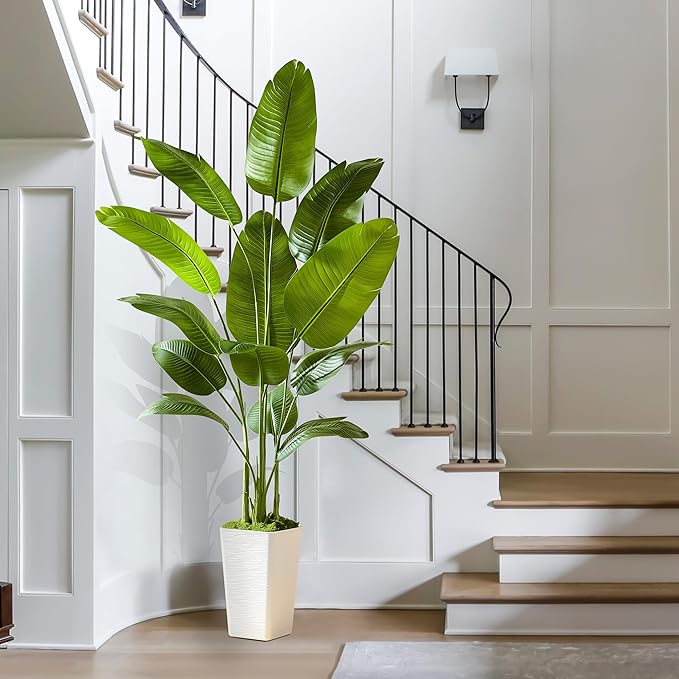 Bird of Paradise Artificial Plant, 6.6FT Faux Plants Indoor Banana Leaf Tree with 13 Leaves, Large Fake Tropical Potted Indoor Silk Floor Plant with White Tall Planter for House,Office,Room,Home Decor