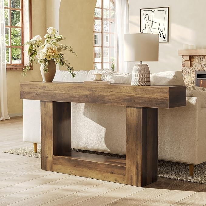 LITTLE TREE 63 Inches Long Console Table, 2-Tier Farmhouse Sofa Table Behind Couch, Large Narrow Entryway Table for Living Room, Wooden Hallway Foyer Table with Heavy Duty Base, Rustic Brown