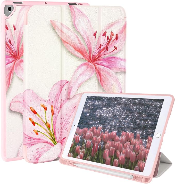 Case for iPad 9th/ 8th/ 7th Generation Case 10.2&amp10.5 Inch (2021/2020/2019 Release) Slim Lightweight Soft Trifold Back Cover with Pencil Holder &amp Auto Sleep/Wake Cover Cherries Cheetah Bows