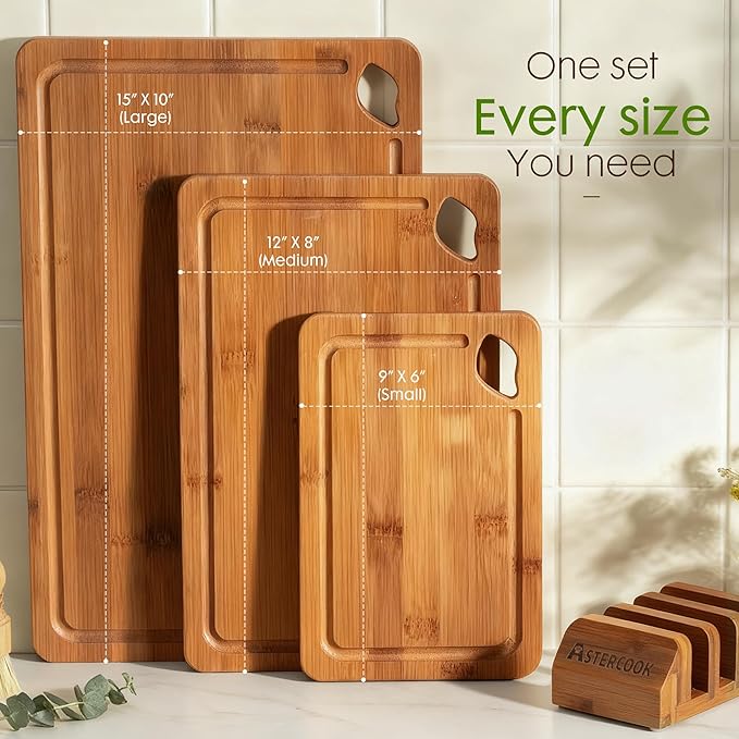 Astercook Deep-Carbonized Bamboo Cutting Boards for Kitchen with Wood Storage Stand, Reversible Charcuterie & Chopping Boards with Juice Grooves and Easy-Grip Handles, Fathers Day Gift for Men