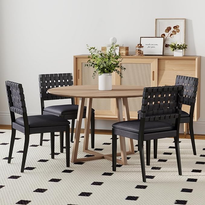 Woven Faux Leather Dining Chairs Set of 4, Farmhouse Upholstered Kitchen Chairs with Wooden Legs Armless Accent Side Chairs for Dining Room/Restaurant, Black
