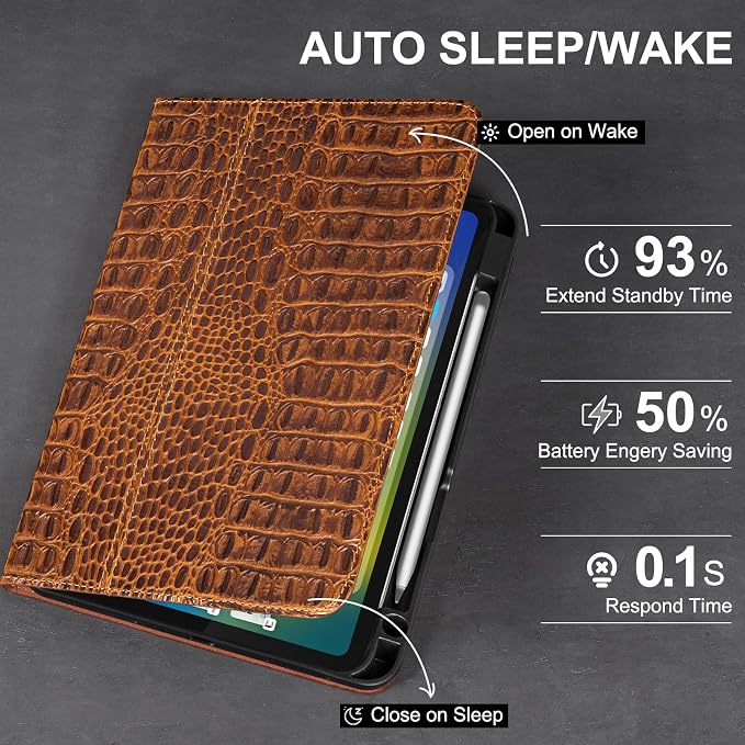 Leather Case for iPad (A16) 11th (11)/ 10th Generation (10.9) Full Grain LeatherProtective Smart Folio Cover with Pencil Holder Auto Sleep/WakeAnti Slip Black Silver