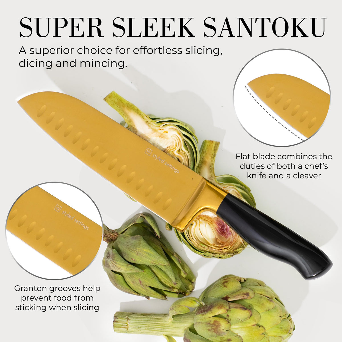 Styled Settings White and Gold Knife Set with Block and Sharpener 14-Piece