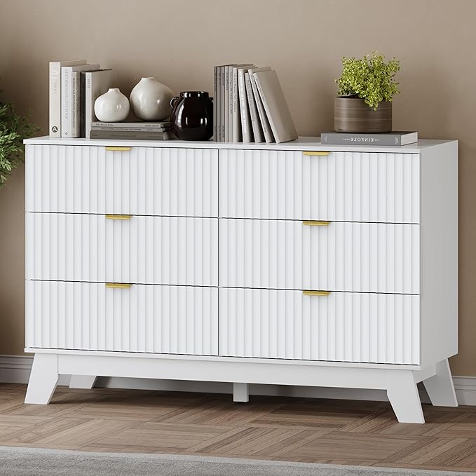 Fluted 6 Drawer Dresser, 47.2" Wide Modern Boho Chest of Drawers, Wooden Storage Dresser TV Stand for Bedroom, Living Room, Closet, Hallway, Curved Profile Design
