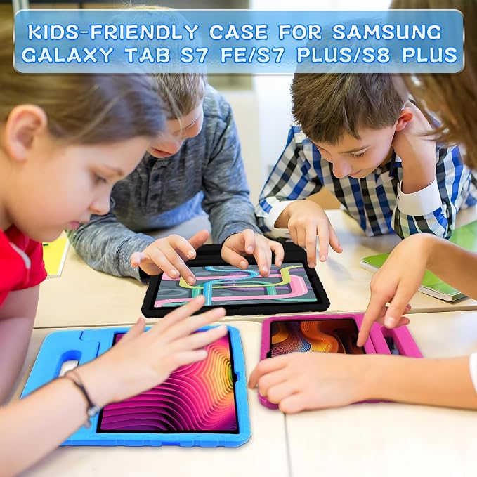 Heavy Duty Kids Case for Samsung Galaxy Tab S7 FE/S7 Plus/S8 Plus 12.4 inch | Rugged Protection Cover for Galaxy Tab S8+/Tab S7 FE/S7+ 2022/2021/2020 with S-Pen Holder Handle StandEVA Foam Rose Red