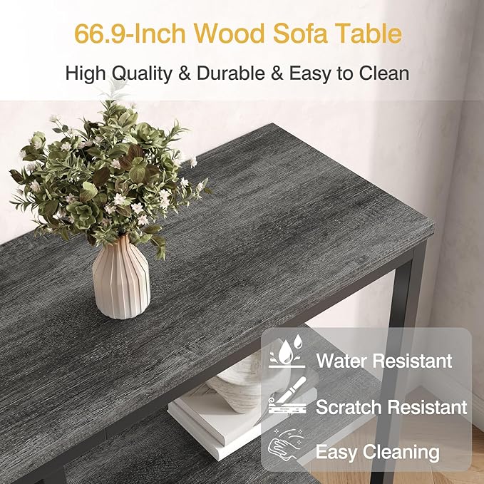 Long Console Table, 66.9 inch Wood Narrow Sofa Tables 3 Tier Couch Table Behind Sofa Industrial Grey Hallway Table Long Entryway Tables for Living Room, Foyer (Grey Oak+Black)