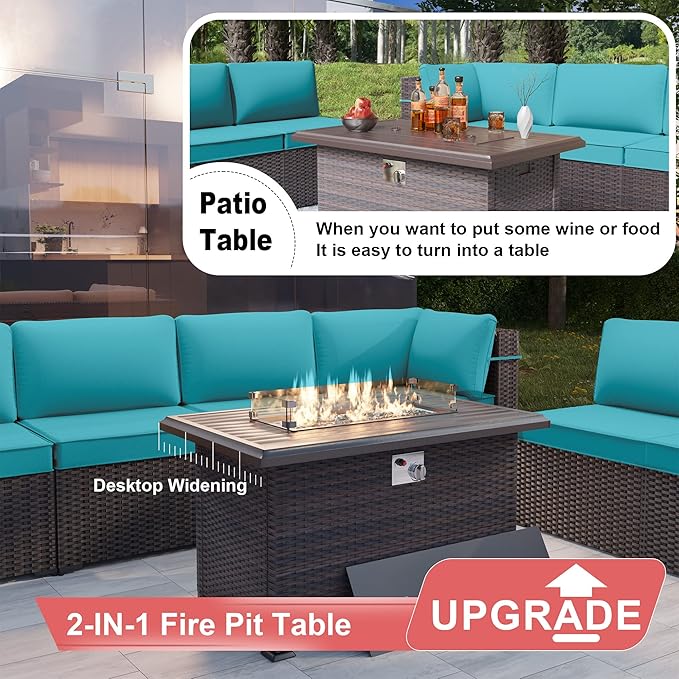 Kurapika 14 Pieces Patio Furniture Set, Rattan Wicker Outdoor Conversation Sets w/43in Propane Fire Pit Table and 4 Inch Cushion(Blue)