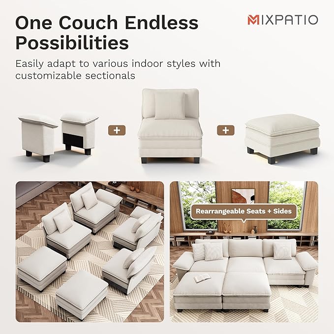 L-Shaped Cloud Modular Sofa Set, 4-Piece Double Loveseat Sectional w/Deep Seat & Removable Arms, Plush Chenille for Living Room - Beige