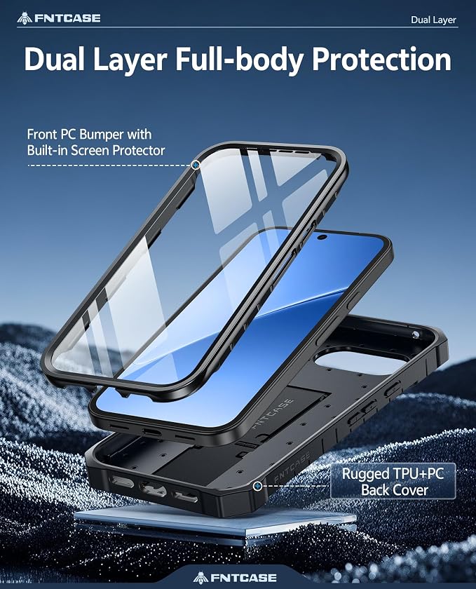 FNTCASE for 11 Pro XL Case Rugged Kickstand 2 Front Frames Black | Built-in Screen Protector 20FT Military-Grade Drop Protection Rugged Heavy Duty Shockproof Full Body Protective Cover