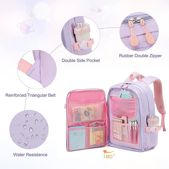 Girls Backpack Set, 3PCS Kids Backpack for Girls, Kawaii Bunny School Backpacks for Girl Kindergarten Elementary Preschool Middle School Bags with Lunch Box Pencil Case Purple
