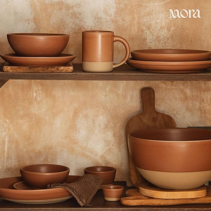 MORA Medium Dishes Set of 4, 30oz Ceramic Pottery Pasta Plate/Wide Bowls - Microwave, Oven and Dishwasher Safe - Terracotta