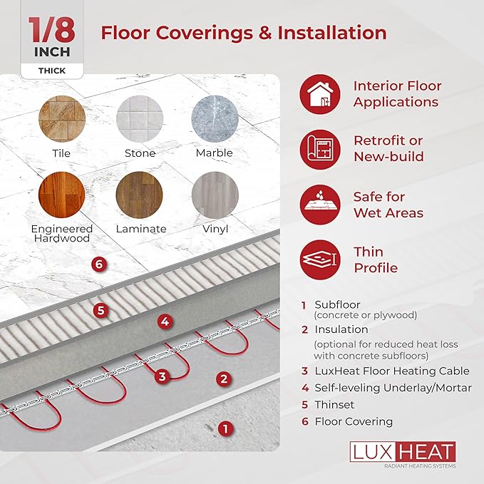 150sqft Floor Heating Cable Kit - 120v Heated Flooring Kit - Heated Flooring System Includes UDG Programmable Thermostat w/GFCI, Radiant Floor Heating Cable, Strapping, Sensor & Alarm