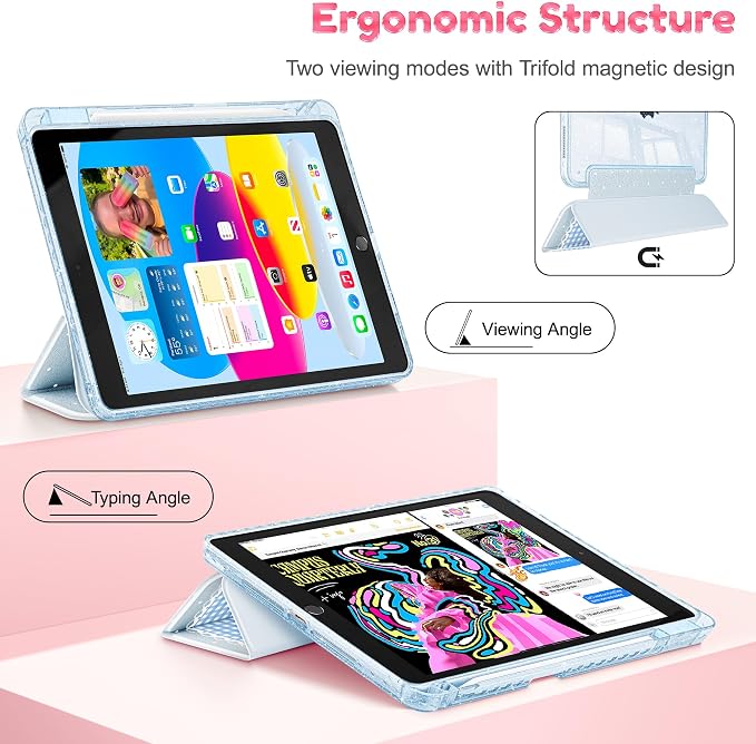 Mektron Sparkly Case for iPad 10.2 inch Glitter Tablet Cases for iPad 9th Gen 2021/8th Gen 2020/7th Gen 2019 Cover with Shiny Clear Back Shell Foldable Bling Smart Cover Blue Floral