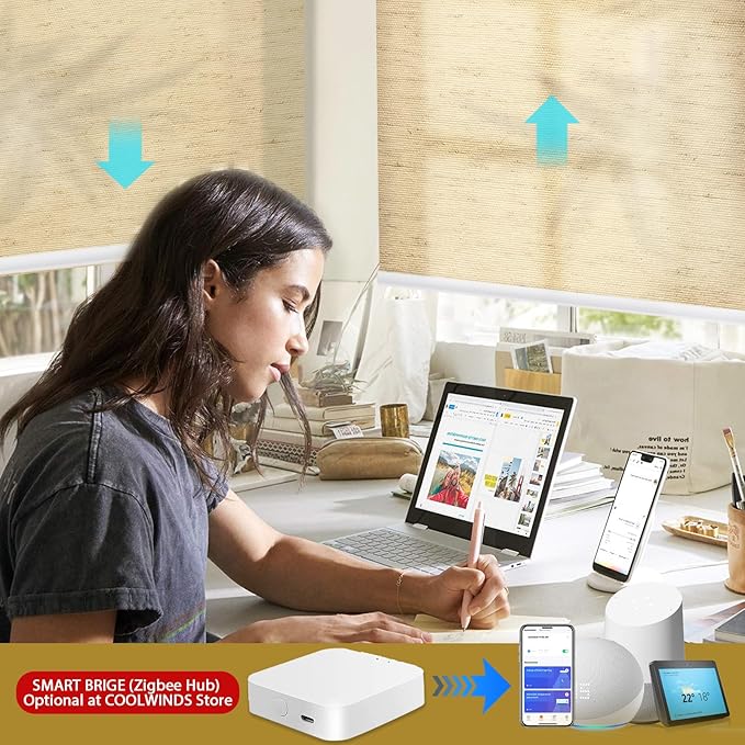 COOLWINDS Motorized Blinds with Remote Cordless Automatic Motorized Shades Custom Blinds for Windows Smart Curtains Compatible with Alexa Google Home(Light Filtering Linen Soft Dunes,W32 x H72in)