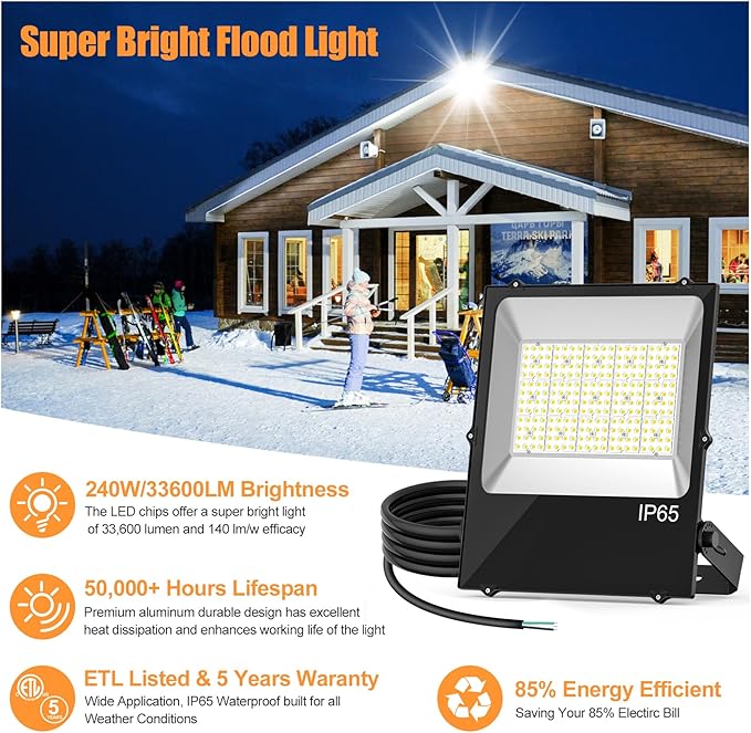 240W LED Flood Light 33600LM Super Bright Outdoor 5000K Security Lights ETL Listed 100-277V Waterproof Commercial Street Area Lighting for Garage Yard Parking Lot