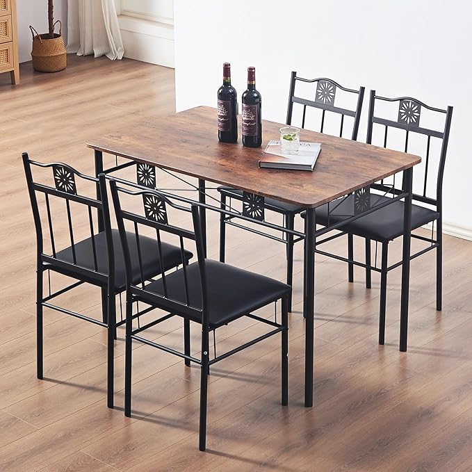 VECELO Kitchen Dining Room Table Sets for 4, 5 Piece Metal and Wood Rectangular Breakfast Nook, Dinette with Chairs, Retro Brown