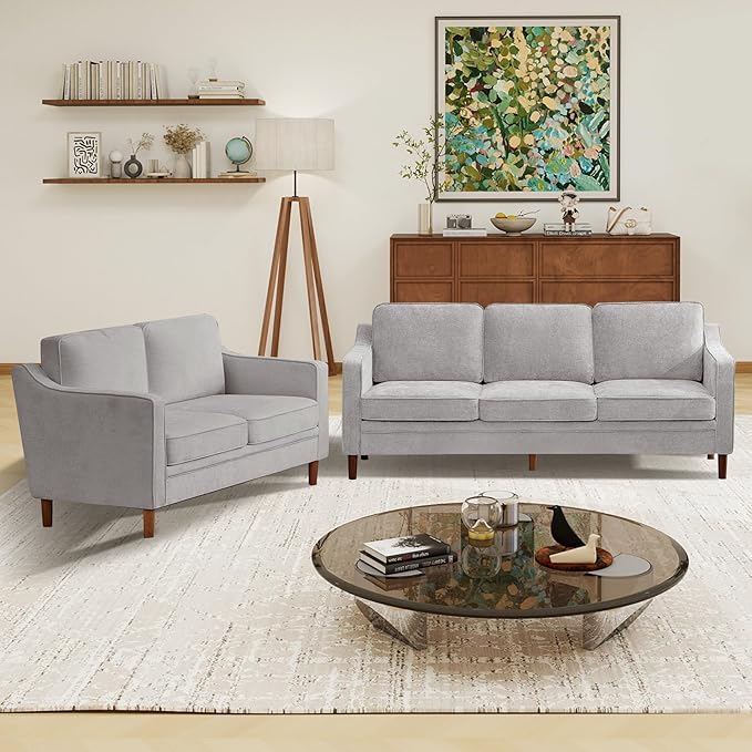 Kingfun Living Room Furniture Sets, 3 Seater Couch and Loveseat, Mid Century Modern Sofa Set, Chenille Couch with Solid Wood Frame for Living Room & Bedroom, Silver Gray