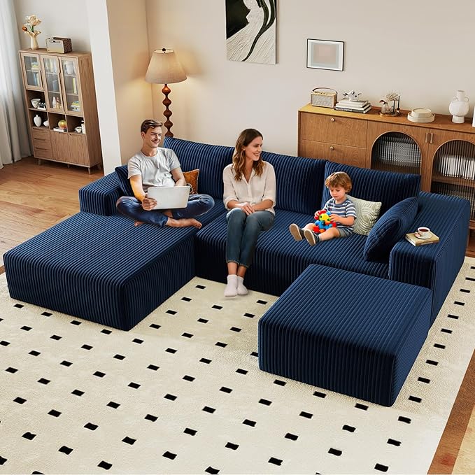 96" U-Shape Cloud Couch, Modern Modular Sectional L-Shape Sofa with Ottoman, Corduroy Upholstered Couches Deep Seat Sleeper Chaise Longue for Living Room, No Assembly Required(Blue, Left Facing)