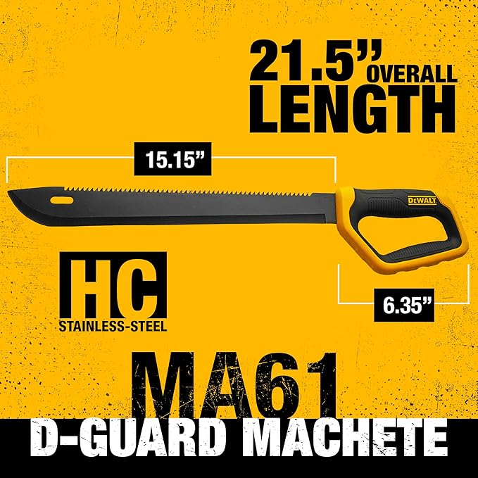 DEWALT 21 Inch MA61 D-Guard Machete - Full Tang Stainless Steel Blade with Saw Back & Protective D-Guard Non-Slip TPR Handle with Nylon Sheath for Brush Clearing, Yard Work, Camping and Outdoor Use