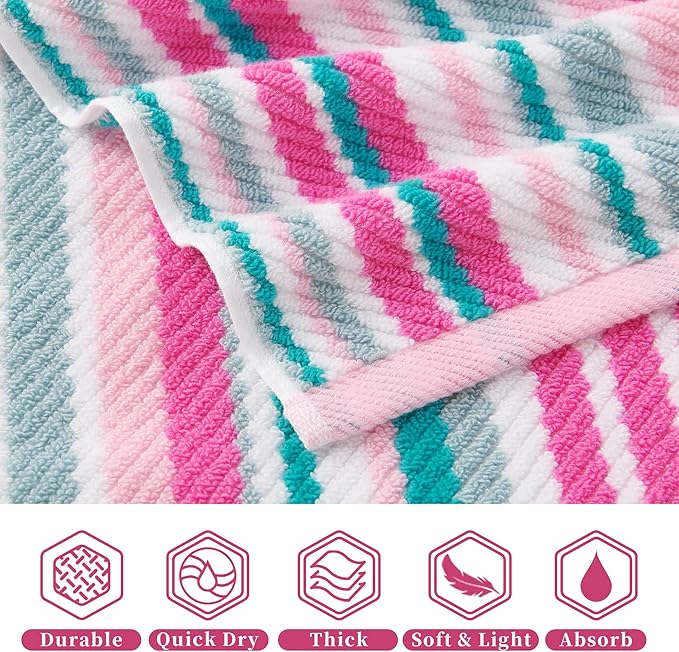 VOOVA & MOVAS Cotton Bath Towels Set of 4, 28"x52" - Quick Dry, Soft & Absobent & Lightweight, Luxury Striped Towels with Hanging Loop, Quick Dry Towels for Bathroom, Pink and Teal Stripe