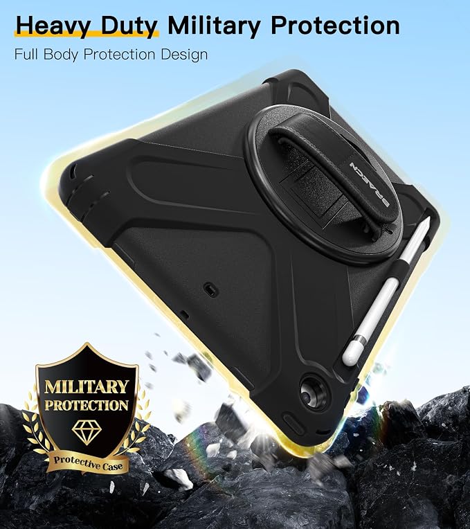 BRAECN Case for iPad 6th/5th Generation - 9.7 inch 2018/2017 Black | Protective Heavy Duty Shockproof Rugged Cover for Kids/Adults 360° Rotating Hand Strap/Stand &amp Detachable Shoulder Strap