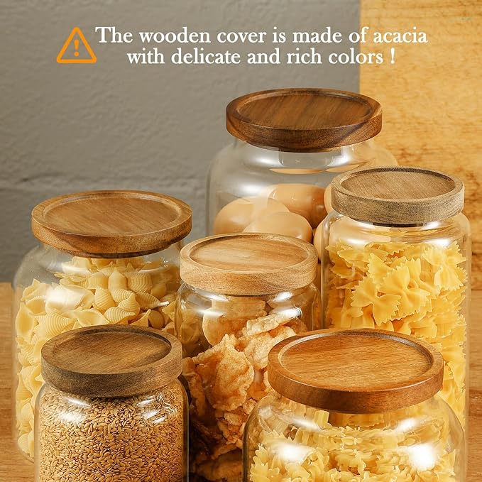 Labina Glass Storage Container Airtight Food Jars Kitchen Canister with Wood Lids, 40 Oz Wide Mouth Pantry Organization Glass Jar for Flour, Sugar, Cookie, Spagetti, Nuts and Candy