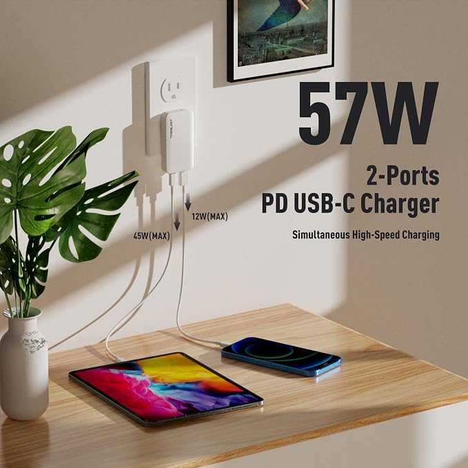 65W Ultra-Thin Flat USB C Wall Charger TREBLEET GaN Fast Charging Block with Foldable Plug Dual Port (USB C+A) PD 3.0 for MacBook Pro/Air iPhone 16/17 Galaxy S25/S26 iPad Pro Pixel 9 XPS