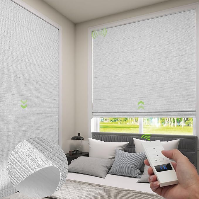 ZSTARR Smart Roman Shades Rechargeable Motorized Blinds with Remote Full Blackout Roman Window Shades Plain Fold Soft for Doors Bedroom, Custom Size (Gray)