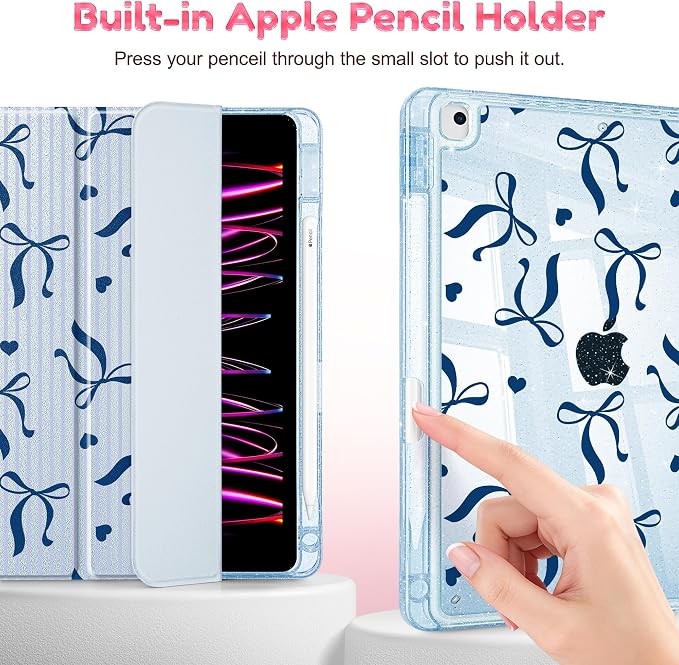 Mektron Sparkly Case for iPad 10.2 inch Glitter Tablet Cases for iPad 9th Gen 2021/8th Gen 2020/7th Gen 2019 Cover with Shiny Clear Back Shell Foldable Bling Smart Cover Blue Floral