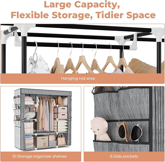 VTRIN Portable Closet Wardrobe for Hanging Clothes 57.3 Inch Large Capacity Clothes Rack with Cover, 10 Storage Organizer Shelves, 1 Hanging Rods and 6 Pockets, Free Standing Closet, Printing