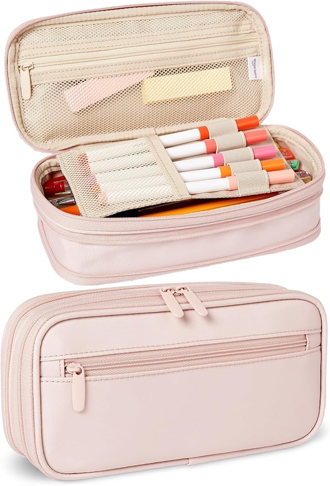 Amazon Basics Large Capacity Pencil Case with Durable Zipper, Multi-Compartment, Rose Mild