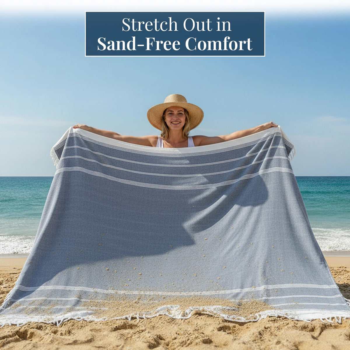LANE LINEN Beach Blanket Sand Free, Soft & Large Beach Towel - Navy Blazer