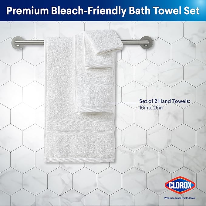 CLOROX Bleach Friendly Towels, Quick Dry, 100% Cotton Hand Towels (16" x 26"), Highly Absorbent Soft Lightweight, Ideal for Everyday Use, Easy to Wash (2 Pack, White)