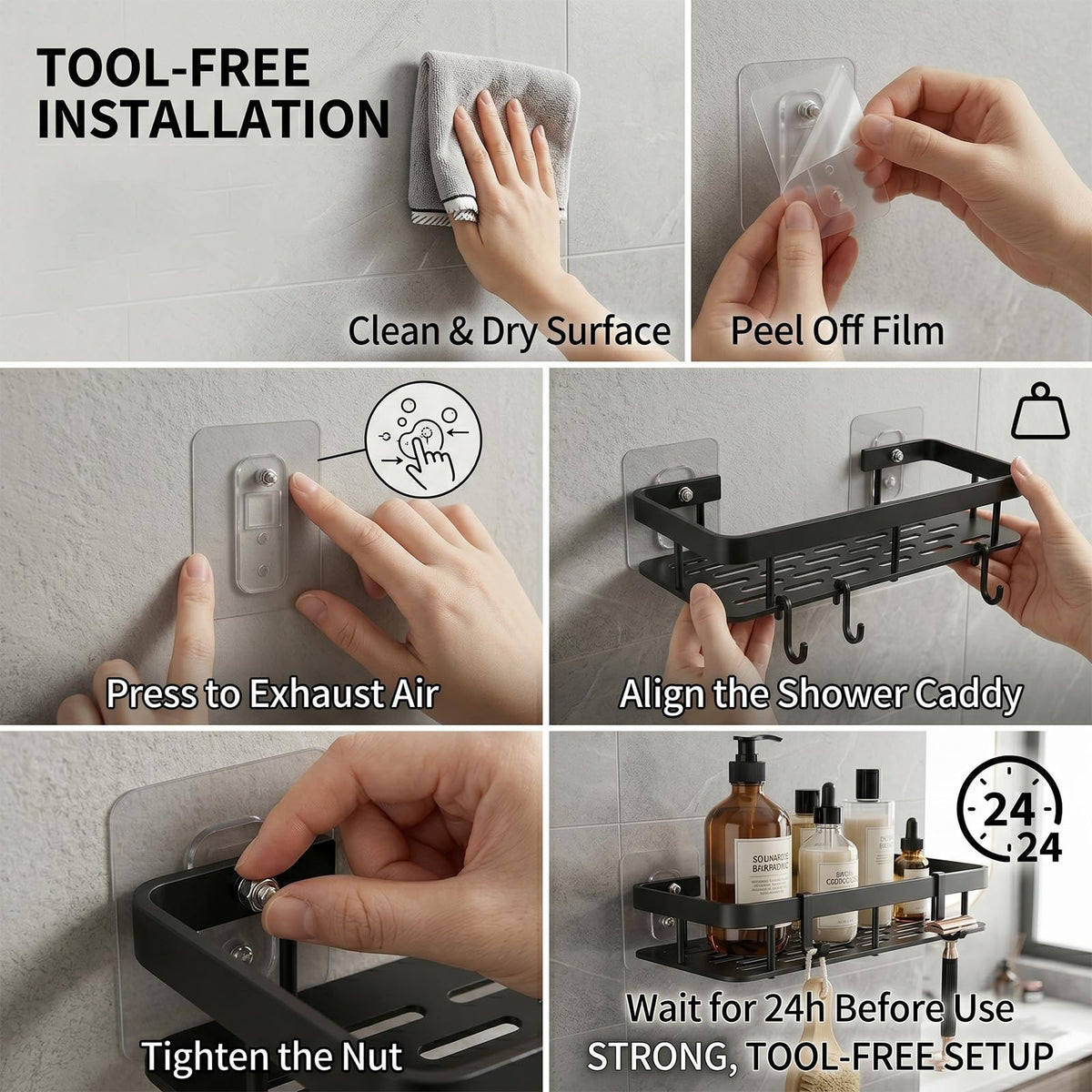 Wall Mounted Shower Caddy Shelf with Hooks, Bathroom Kitchen Organizer Rack for Save Space No Drill Adhesive Storage for Shampoo Conditioner Cosmetics Toiletarticles and Miscellaneous ltems