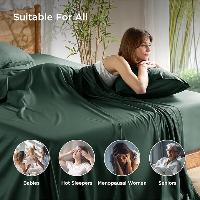 Bedsure Queen Sheet Set, Rayon Derived from Bamboo, Cooling Sheets, Breathable & Soft, Deep Pocket Up to 16 Inches, Hotel Luxury Silky Bedding for Hot Sleepers, Forest Green