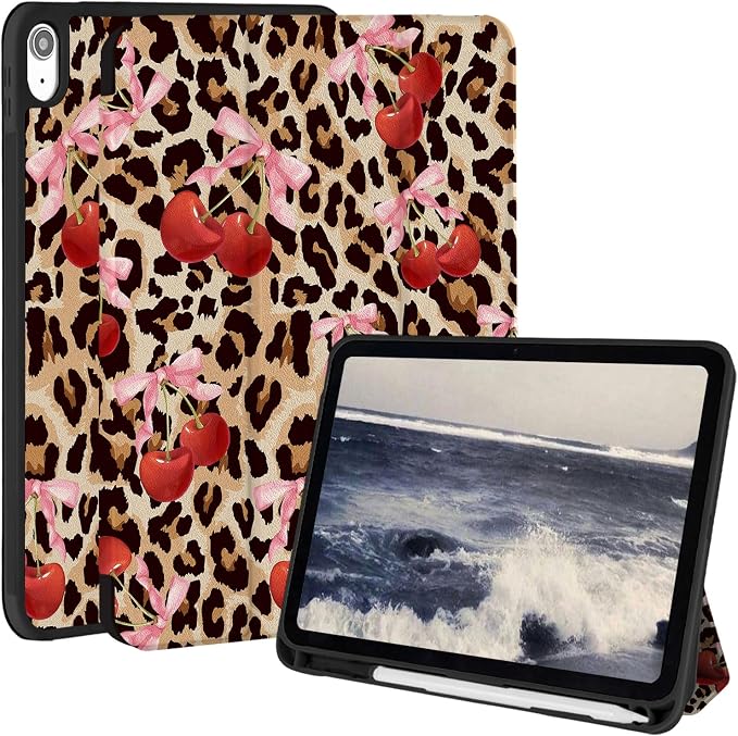 Case for iPad 9th/ 8th/ 7th Generation Case 10.2&amp10.5 Inch (2021/2020/2019 Release) Slim Lightweight Soft Trifold Back Cover with Pencil Holder &amp Auto Sleep/Wake Cover Cherries Cheetah Bows