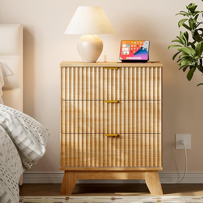 30.5" Nightstand with Charging Station, 3-Drawer Fluted Bedroom Chest, Wood Bedside Dresser with Power Outlets and USB Ports, Metal Slides, Stable Base, Modern Storage Cabinet for Small Spaces