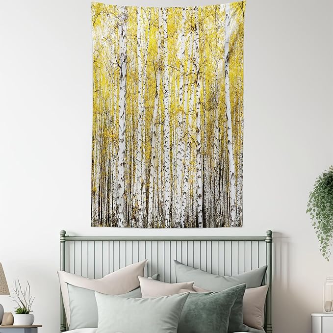 Ambesonne Forest Tapestry, Autumn Birch Forest Golden Yellow Leaves Woodland October Seasonal Nature Picture, Wall Hanging for Bedroom Living Room Dorm Decor, 60" X 80", Yellow Grey