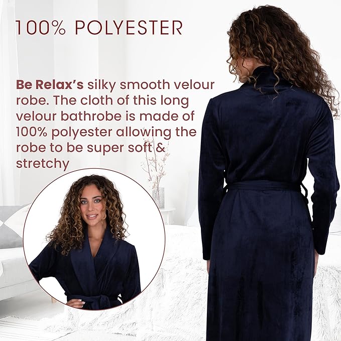 Be Relax Terry Velour Robe - Made of Polyester, Shawl Collar Robe with Belt & Side Pockets, Soft & Warm Bathrobe for Women
