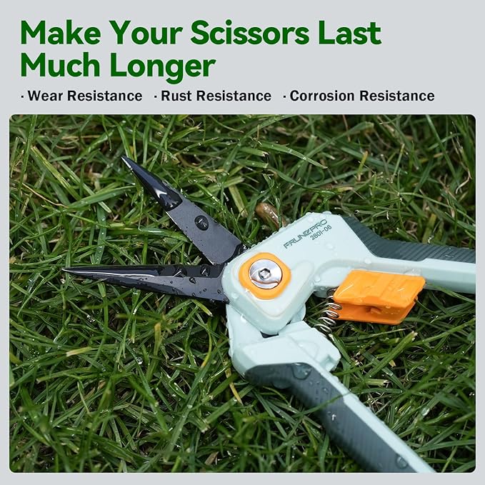 PrunePro Garden Scissors Pruning Shears Sharp Stainless Steel Non-Stick Teflon Coating Blade for Precise Cuts Garden Snip Bonsai Clippers for Plants Rose Flower Green & Orange