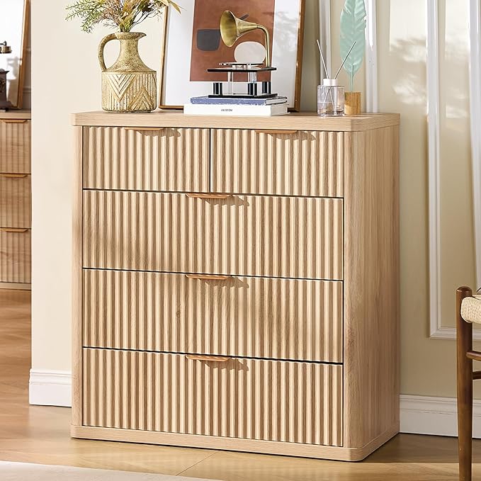 LEYAOYAO Fluted 5 Drawers Dresser for Bedroom, 34" Tall Modern Chest of Drawers with Metal Handle, Curved Profile Design,Natural Wood Drawer Organizer for Bedroom, Living Room, Hallway, Entryway