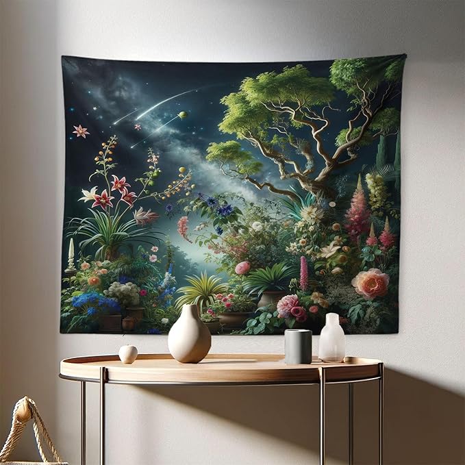 Ambesonne Aesthetic Tapestry, Exotic Forest of Twilight with Trees Bushes and Flowers Falling Stars, Fabric Wall Hanging Decor for Bedroom Living Room Dorm, 28" X 23", Green Dark Night Blue