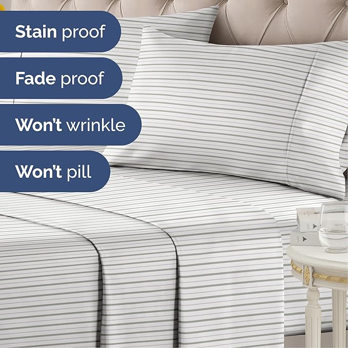 Striped Sheets - Light Grey & White Striped Sheets - 1 Flat & 1 Fitted & 2 Pillowcases w/ Deep Pockets – Wrinkle & Fade Free - Soft, Breathable & Cooling – Luxury Pinstripe Bedding - Full Size Bed Set