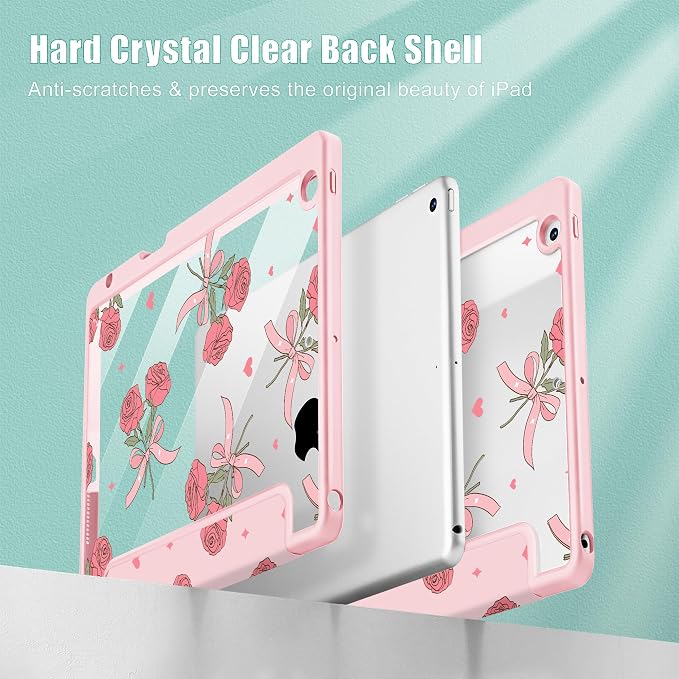 Case for iPad 9th/8th/7th Generation 10.2-Inch (2021/2020/2019 Release) with [Built-in Pencil Holder] Shockproof Cover with Clear Transparent Back Shell &amp Auto Wake/Sleep - Blue Bows