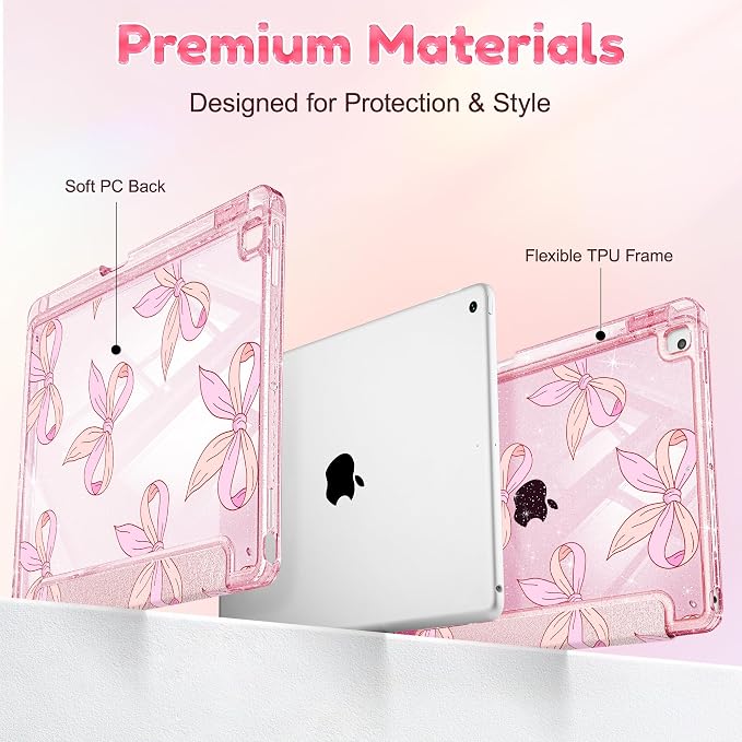 Case for iPad 9th/ 8th/ 7th Generation 10.2-Inch Case(2021/2020/2019 Release) Glitter Tablet Cases with Transparent Acrylic Back+Trifold Stand+Pencil Holder+Auto Wake/Sleep Bows-Stripe