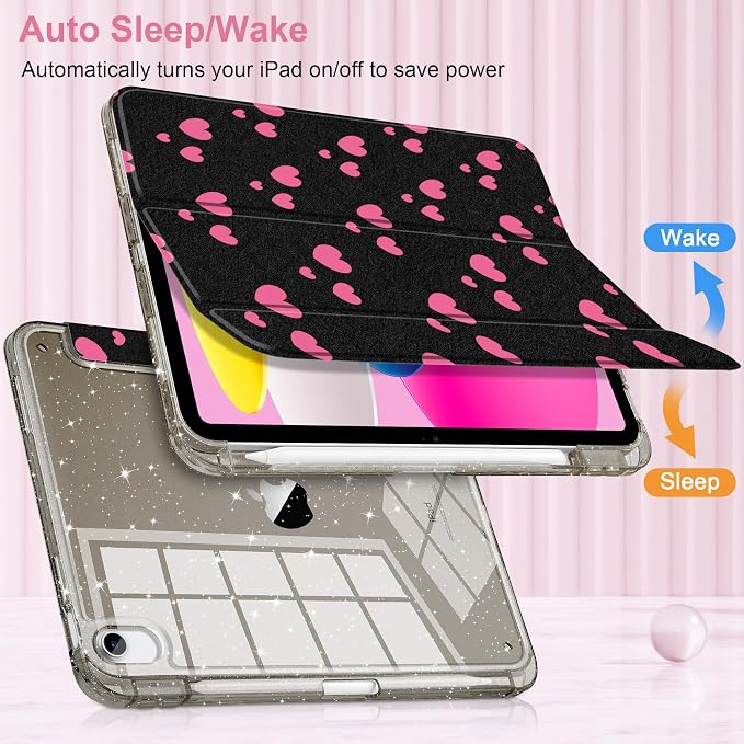 MEEgoodo Case for iPad A16 11th Generation 2025/10th Generation 2022 Glitter Tablet Cases with Transparent Acrylic Back+Trifold Stand +Pencil Holder+Auto Wake/SleepAbstract Sun &amp Palm Tree